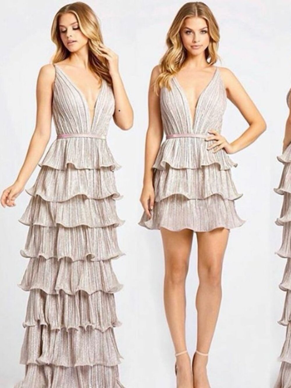 MAC DUGGAL Size 0 Silver Pink 26304 Sparkle Ruffle Tiered Mini Maxi Gown dress